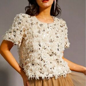 Amelia’s Boutique Cream Sequin & Feather Short Sleeve Crew Neck Top, size M